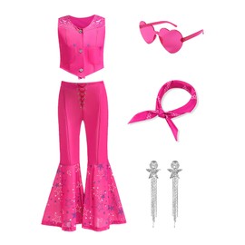 ZapLute Pink Cowgirl Costume for Girls 5-12 Doll Movie Including Vest Pant Silk Scarf Earrings Glasses Western Kids Outfit