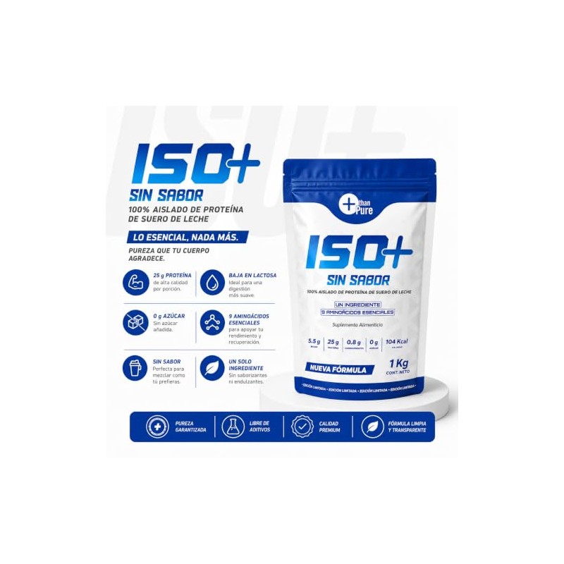Proteína ISO+ Sin Sabor, 100% Aislado de Proteína de Suero