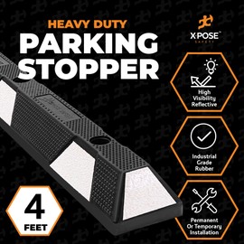 Xpose Safety Parking Stopper for Garage - 48" Heavy Duty Rubber Car, Bumper Stop for Floor, White Reflective Strips, Removable Driveway, Ramp Wheel Block for Cars 2 Pack