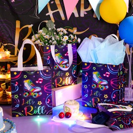 Locmeo 24 Pcs Large Roller Skate Party Favor Bags with Handles Reusable Non Woven Skating Goodie Bags Retro 80s 90s Candy Treat Gift Bag for Girl Boy Birthday Baby Shower Party, 8 x 4 x 10 Inch