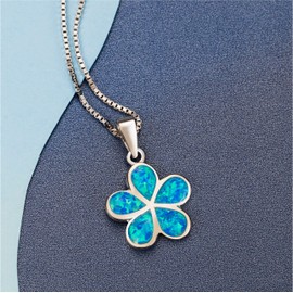 Aloha Jewelry Company 925 Sterling Silver Opal Hawaiian Plumeria Flower Necklace Pendant with 18" Box Chain, Nickle-Free Hypoallergenic for Sensitive Skin, Gift Box Included (10mm, Blue)