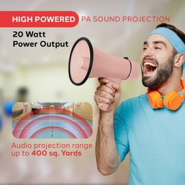 Pyle 20W Megaphone Bullhorn - Portable, Automatic Siren & Adjustable Volume,Projection Range Up to 400 Square Yards, Aux Input, Talk, Siren, Music, Whistle, & Record, Shoulder Strap (Pink)
