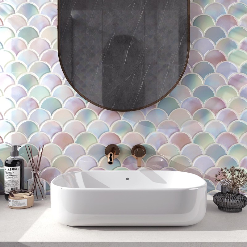 FunStick 30-Sheets Pink Fish Scale Backsplash Tile Peel and Stick