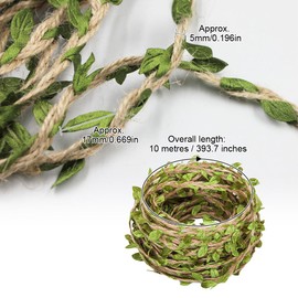 2 Rolls of Hessian String with Artificial Leaves, Vines Garland Decoration, Artificial Leaf Leaves Vine, Natural Green Leaf Rope for DIY Crafts, Floristry, Wedding Decoration, Home, Art Crafts