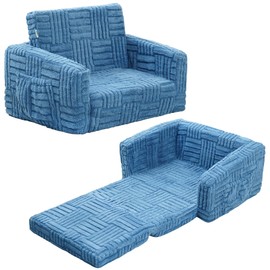 MallSingel Toddler Couch for Kids – 2-in-1 Fold Out Sofa and Lounger, Soft Flannel Convertible Chair, Flip Open Kids Couch (Blue)