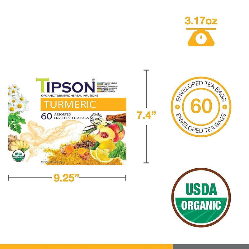 Tipson Organic Turmeric Variety Sampler - 6 Flavors (60 Tea