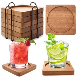 Acacia Wood Coasters for Drink Coffee Table Coaster Set of 6 Cup Coasters with Holder Natural Wooden Coasters Rustic Men Beer Coasters Modern Outdoor Coasters Gift Home Decor Farmhouse Coasters