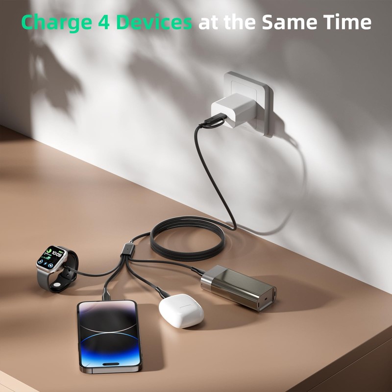 A-Pce 4-in-2 Multi Charging Cable with Smartwatch Charging, Black-4FT