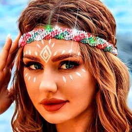 Fstrend Christmas Elastic Rhinestone Hairbands Crystal Headband Multicolors Sparkle Head Chain Headpieces for Women (Red-Green-Silver, M)