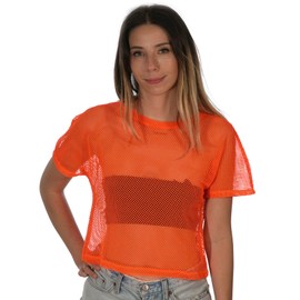 Sheer Mesh Fishnet Rave Festival Women's Crop Top, Neon Orange, X-Large