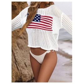 SOLY HUX Women's Hollow Out Knit American Flag Sweater Long Sleeve Pullover Coverups Knitwear White Graphic Large