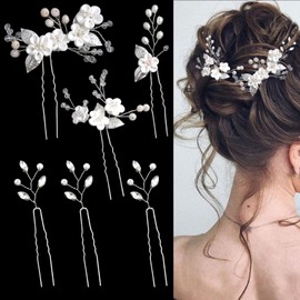6 Pcs Flower Bridal Wedding Hair Pins Flower Rhinestone Pearl Hair Piece for Women Crystal Hair Accessories for Bride Bridesmaids Flower Girls(Silver)