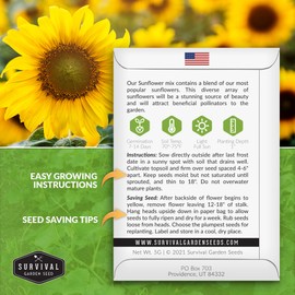 Survival Garden Seeds - Mix of Popular Sunflower Seeds for Planting - Packet with Instructions to Plant and Grow Beautiful Flowers in Your Home Vegetable or Flower Garden - Non-GMO Heirloom Varieties