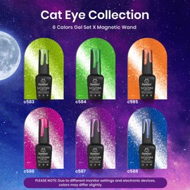 Beetles 6 Colors Summer Neon Cat Eye Gel Nail Polish Kit with Double-ended Magnet, Bright Orange Blue Green Purple Holographic Glitter Magic Spells Soak Off UV Led Gel Nail Polish Set Nail Art