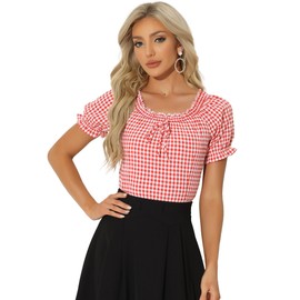 Allegra K Gingham Plaid Blouse for Woman's Peasant Round Neck Ruffles Puff Sleeve Top Medium Red