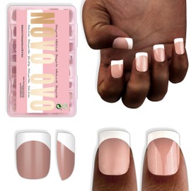 NOVO OVO Extra Short White French Tip Nail Tips, XS XXS Square Round BROWN PINK, for Wide & Short Nail Beds, Thick Full Cover Press on for Women Men, Soft Gel Acrylic Extension kit, 16 Sizes x 224pcs