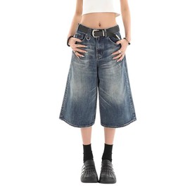 Lafaguw Cropped Jeans for Women Men High Waist Wide Leg Baggy Jorts Y2K Casual Denim Capris Pants Grunge Summer Clothes.(Blue1/M)