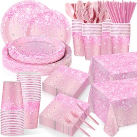 Funnymoom 452 Pcs Pink Birthday Party Decoration Include Light Pink Glitter Paper Plates Napkins Cups Tablecloth Cutlery Straws Diamond Tableware for Wedding Baby Shower Graduation Party Supplies