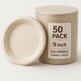 50-Pack 9-Inch Disposable Bamboo Paper Plates – Compostable, Biodegradable, PFAS-Free – Heavy-Duty Natural Brown Eco-Friendly Plates for Parties, Camping, Events