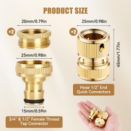 OIHCAZ Garden Hose Connector, 4 Pack Solid Brass No-Leak Hose Pipe Connectors Kit Contain 1/2 Inch and 3/4 Inch 2-in-1 Faucet Connectors | 1/2 Inch Quick Connect Garden Hose Fittings