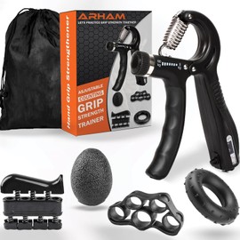 ARHAM Hand Grip Strengthener Forearm Strengthener (5 Pack) Workout Kit Adjustable Hand Gripper With Counter Finger Exercise Finger Stretcher Grip Ring & Stress Relief Grip Ball For Recovery & Athletes