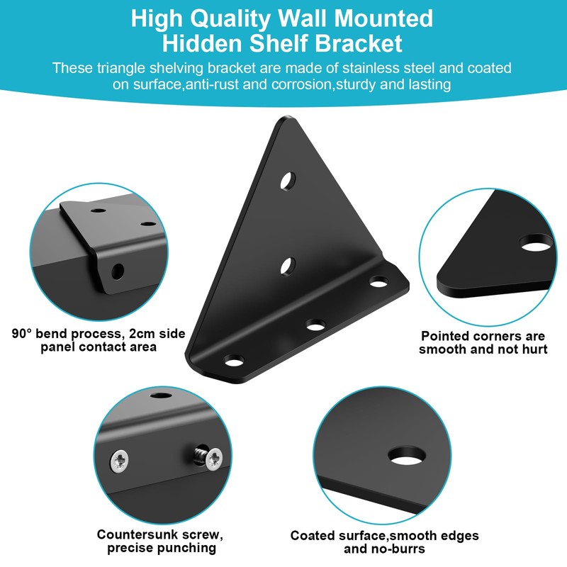Pack of 4 Shelf Brackets, Invisible Shelf Brackets, Triangle Shelf