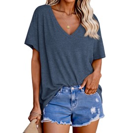 Tankaneo Womens Oversized Tshirts V Neck Short Sleeve Tops Summer Casual Loose Fit Tunic Tee Shirts Blue Grey
