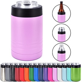 4-in-1 Stainless Steel 12 oz Double Wall Vacuum Insulated Can or Bottle Cooler Keeps Beverage Cold for Hours - Also Fits 16 oz Cans - Powder Coated Light Purple - Clear Water Home Goods