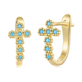 RUKYF Gold Plated Cross Hoop Earrings for Women Inlaied with Turquoise Earrings for Sensitive Ears Dainty Gold Huggies Earrings Gift for Women