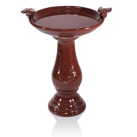 24" Tall Outdoor Ceramic Antique Pedestal Birdbath with 2 Bird Figurines