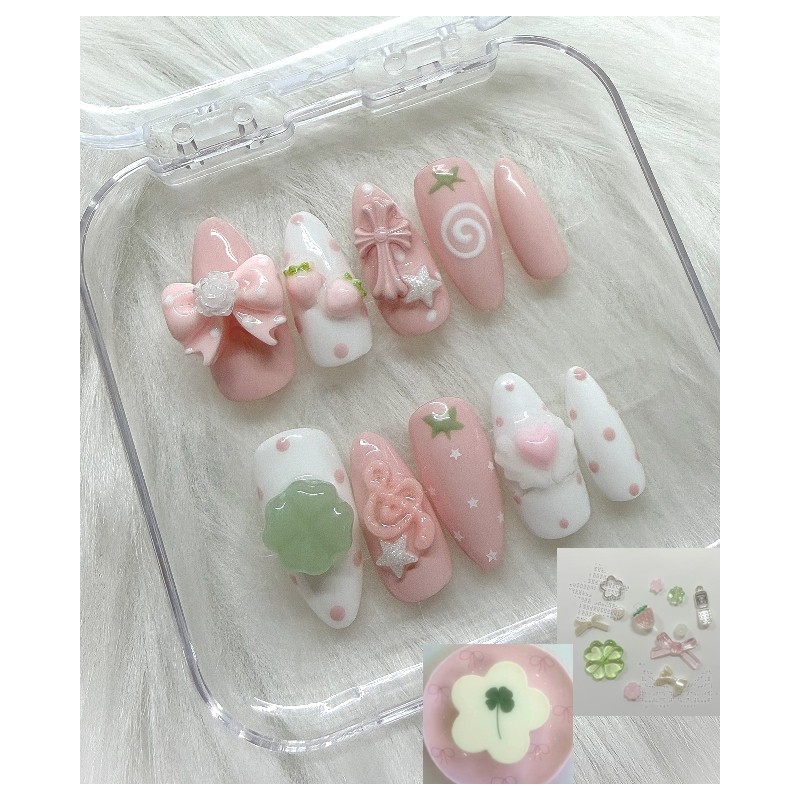 Cream Strawberry ❤︎₊ ⊹ Handmade Nail Tips - Almond /