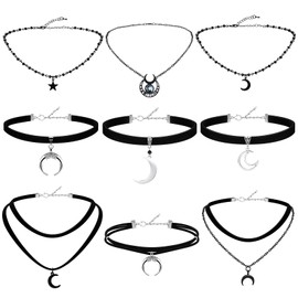 Ferreve 9 Pcs Gothic Choker Necklace Black Star Moon Choker Gothic Necklace Goth Choker Y2k Moon Necklace Rock Necklace Vintage Necklace Christmas New Year Jewelry Gift for Women
