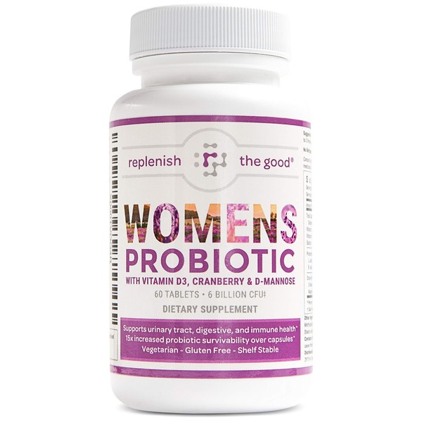 Replenish the Good Women's Probiotic | Vegan Supplement w/Vitamin D3, Cranberry & D-Mannose | Supports Urinary Tract, Digestive & Immune Health | Fights Yeast & UTI | 60 Sugar-Free Tablets