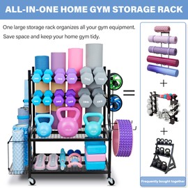 NBTORCH Yoga Mat Storage Rack - Home Gym Storage Rack for Yoga Mats, Dumbbells and Kettlebells, All in One Workout Equipment Storage with Caster Wheels (Hold Up to 440 Lbs)