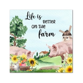 Life Is Better on The Farm Pig Wooden Sign Vintage Farm Animal Wall Plaque Happy Thanksgiving Wall Decor Sign Wall Art Hanging Farmhouse Decoration Plaque For Home Indoor Garden 12x12in