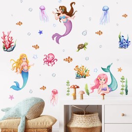 Underwater Mermaid Wall Decals, Ocean Theme Wall Decals Sea Creatures Turtle Wall Stickers Bathroom Girls Bedroom Baby Nursery Wall Decor