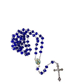 Gifts by Lulee, LLC Nuestra Señora de San Juan de Los Lagos Blue Quartz Crystal Faceted Rondelle 8mm Beads Rosary with Silver Plated Medal Centerpiece and Crucifix Includes a Prayer Card