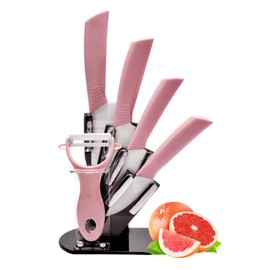 Ceramic Knife Set, 6 Piece Ceramic Cooking Knife Set with Holder,Ceramic Kitchen Chef Knife Ultra sharp Set,Vegetable Fruit Peeler, Rust Proof & Stain Resistant, Ergonomic Handles (Pink)