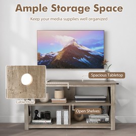 Giantex TV Stand for Bedroom & Living Room, Small TV Console Table with Storage Shelf & Cable Hole, X-Shaped Metal Frame, Rustic Oak Finish, Holds TV Up to 55" (Oak)