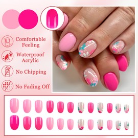 24Pcs Oval Press on Nails Short, Glossy Pink Flowers False Nails, Spring Summer Floral Artificial Fake Nails Glue on, Natural & Reusable Acrylic Full Cover Manicure Kit for Women Girls
