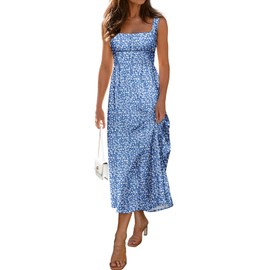 LUXVEER Women's Floral Corset Dress 2025 Summer Sleeveless A Line Bustier Midi Milkmaid Dress Flowy Cottagecore Garden Party Sundresses Blue Flower S