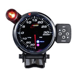 RACETECH 3.15 Inch 80mm Electrical Boost Gauge 30 PSI Smoked Lens White Amber Blue LED Warning Function Peak Mode Power Daisy Chian Adjustable Backlight Brightness External Warning Light for 12V Car