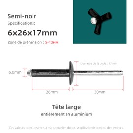 JIANDAXIN 40Pcs Tri Fold Aluminum Folding Large Flange Round Head Blind Rivets,Tri Grip Exploding Large Cap Pop Rivets for Automotive, Soft or Plastic Materials (Black, 15/64" x1-1/32)