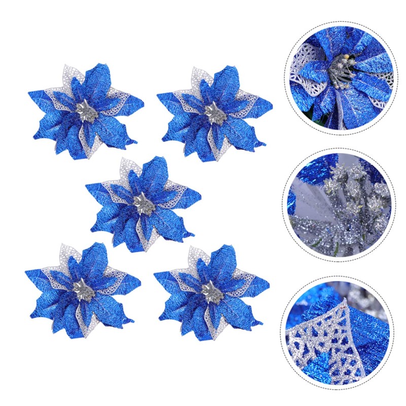 Ciieeo 5Pcs Blue Hexagonal Gold Thread Christmas Decorative Flowers for