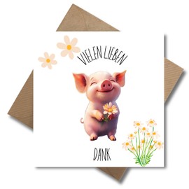 WBdesignz Thank You Card with Envelope - Cute Pig with Flower - Animal Motif Say Thank You (Square - 125 x 125 mm)