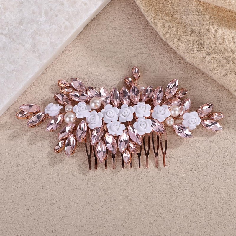 Rumtock White Flower Pink Rhinestones Hair Comb for Brides Women