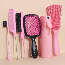 Set de 6 Piezas de Cepillos y Peines para Cabello, Botella Rociadora de 200ml, Cepillo Desenredante de 24 cm, Peine de Cola Fina, para Cabello Rizado y Seco,kit de peinado para niñas. (Pink)