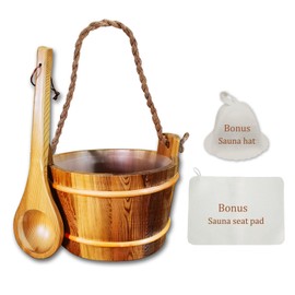 Red Cedar Large Sauna Bucket with Ladle, with Sauna Hat and Seat Pad, Sauna Wooden Water Bucket 6L (1.6 Gallons) with Plastic Liner for Sauna Room Sauna Heater Sauna Accessory