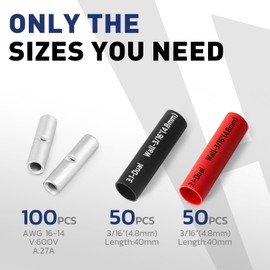 haisstronica 200PCS Non Insulated Butt Connectors Kit with Heat Shrink Tubing, AWG 16-14 Tinned Copper Seamless Butt Splice terminals and 3:1 Shrink Tube for Automotive, Marine, Wiring Projects