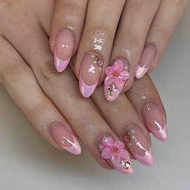 24Pcs Pink French Tip Press on Nails Short Almond Fake Nails with 3D Flower Designs Pearl Rhinestone False Nails Summer Fall Nude Acrylic Glue on Nails for Women